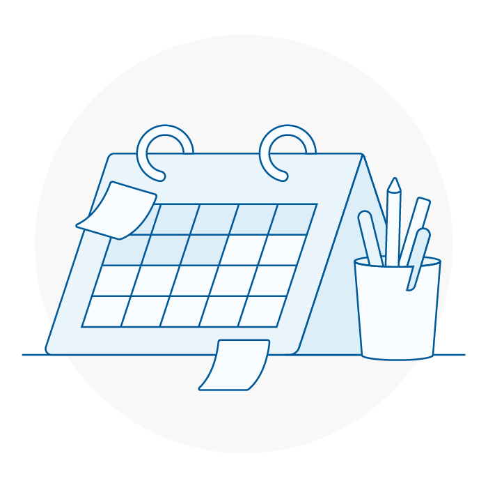 Spot illustration of a desk calendar with sticky notes and a pen cup