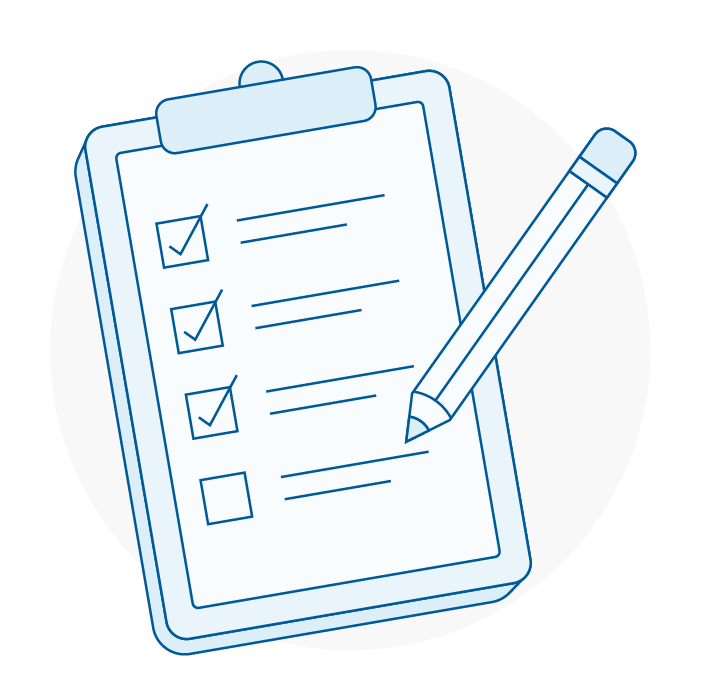 Spot illustration of a clipboard checklist with a pencil marking items complete