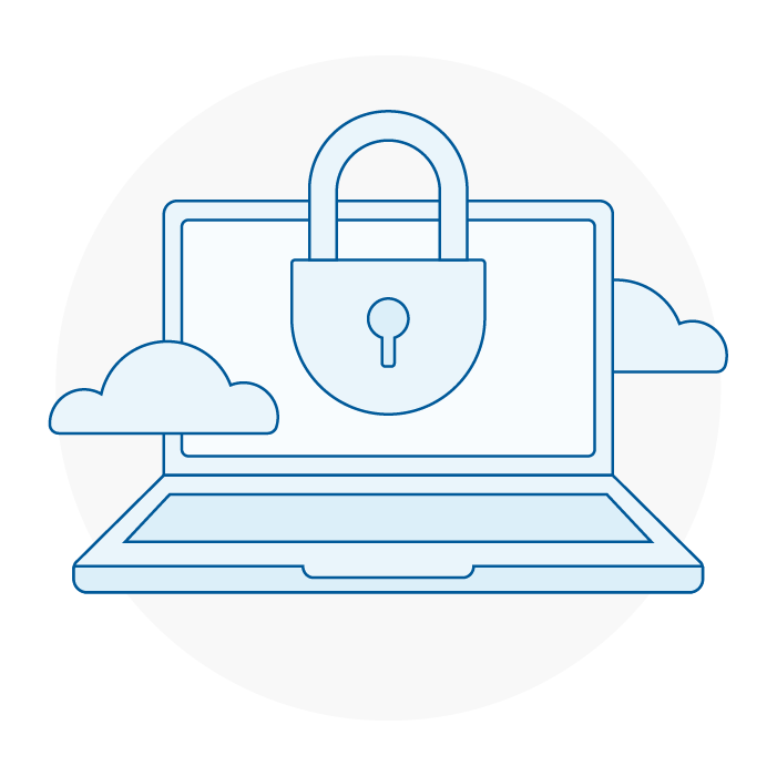 Spot illustration of a laptop with a padlock and cloud icons, representing data security