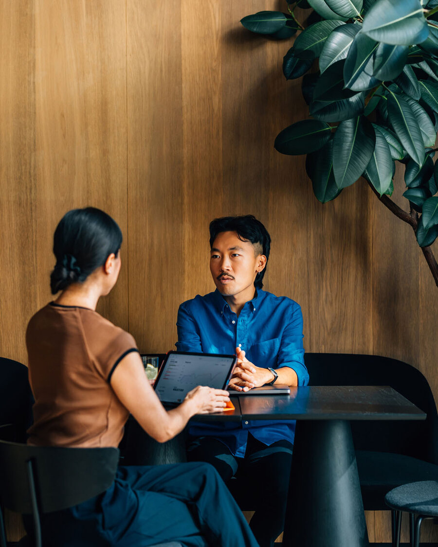 Candid conversation in a lounge space