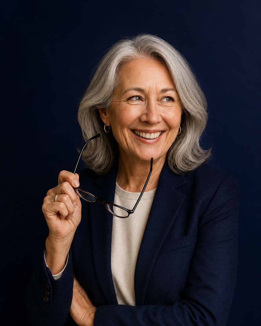 Studio portrait on navy backdrop