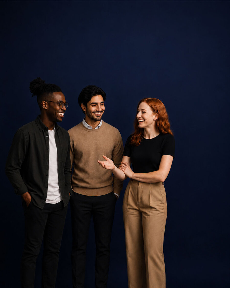 Studio group portrait on navy backdrop