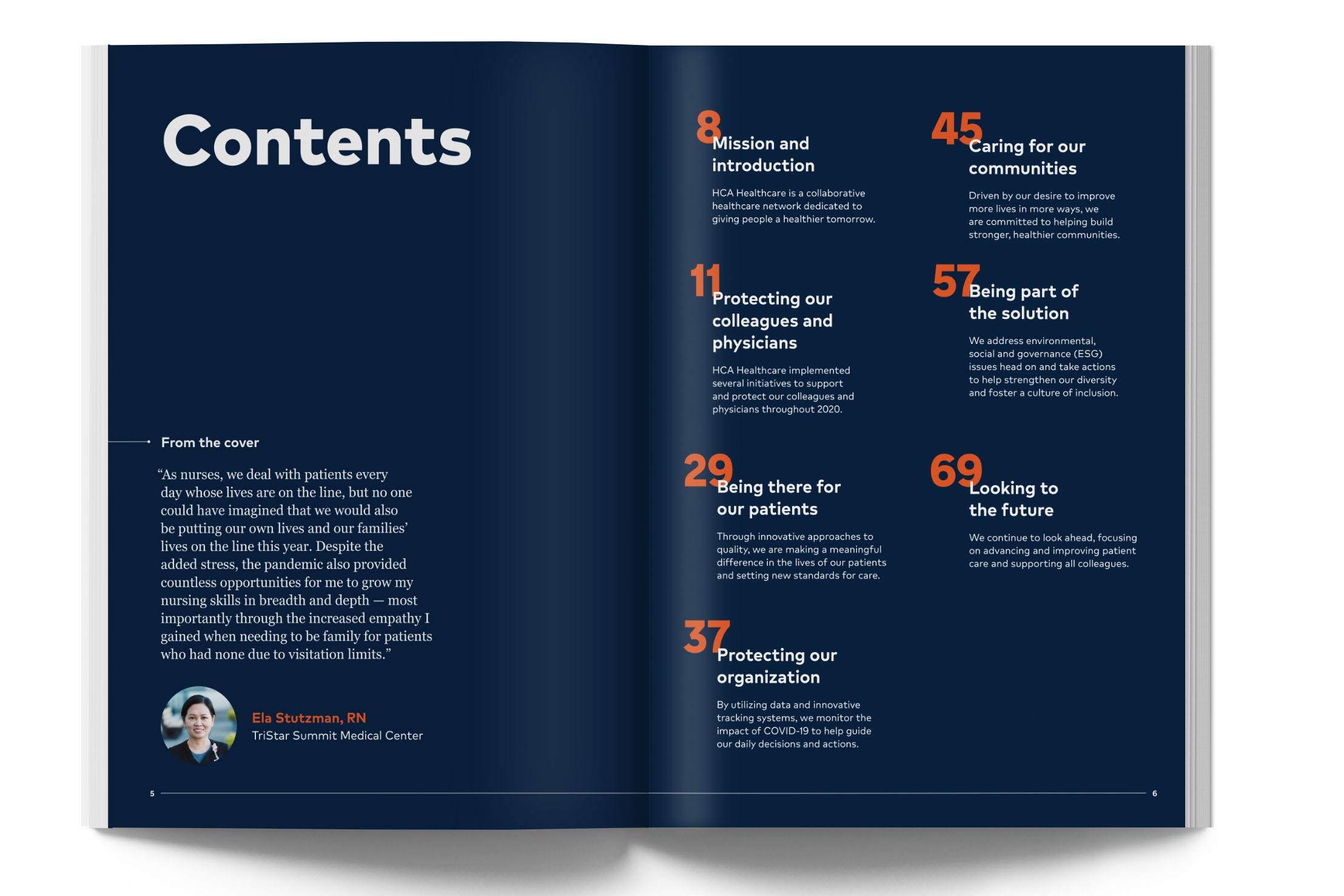 Contents spread of the HCA Healthcare Annual Impact Report, with a navy index page and a pull-quote from a frontline nurse