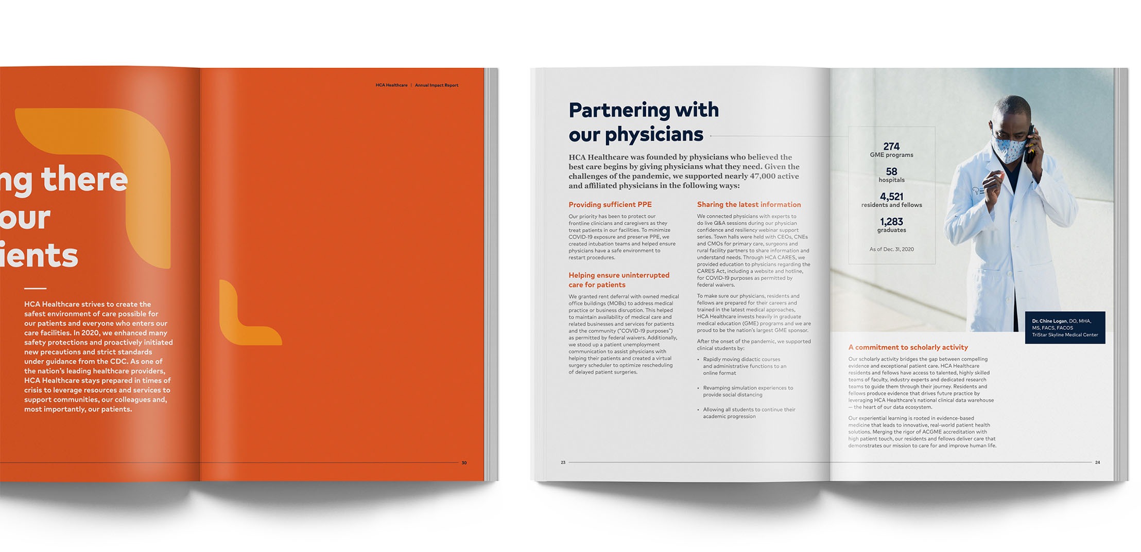 Bold orange section-break spread reading 'Being there for our patients', paired with a 'Partnering with our physicians' spread featuring program statistics and a portrait of a physician on the phone