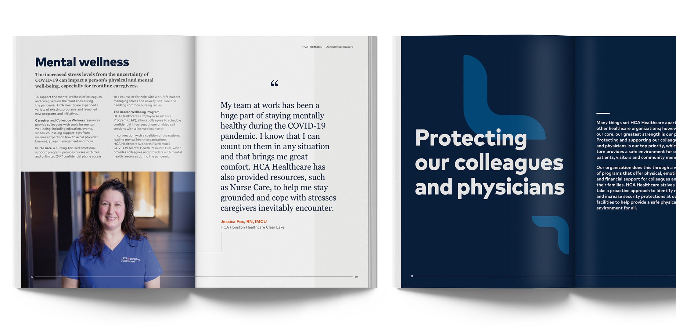 Report spread titled 'Mental wellness' with a pull-quote and nurse portrait, paired with a bold navy graphic spread reading 'Protecting our colleagues and physicians'