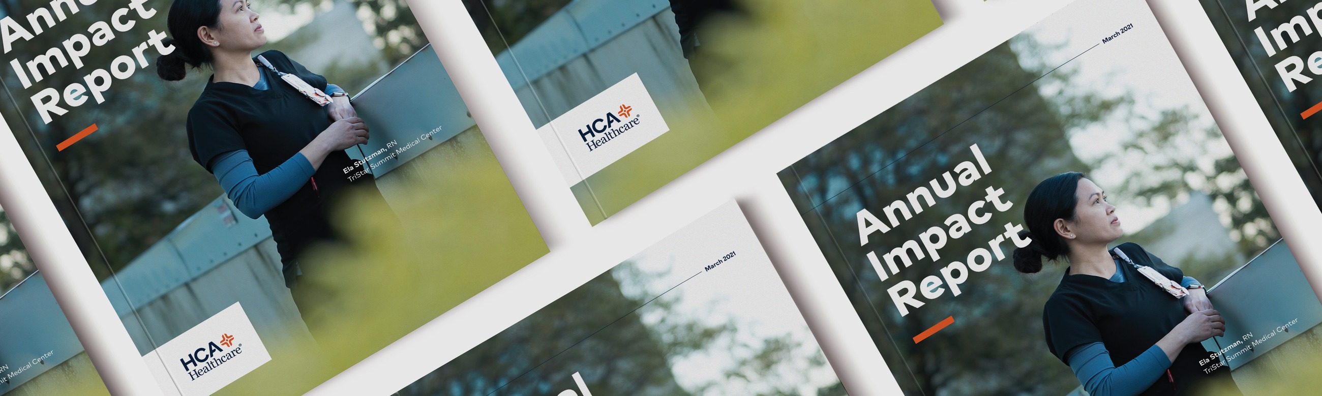 Repeated mockup of the HCA Healthcare Annual Impact Report cover, featuring a nurse portrait and an orange accent bar