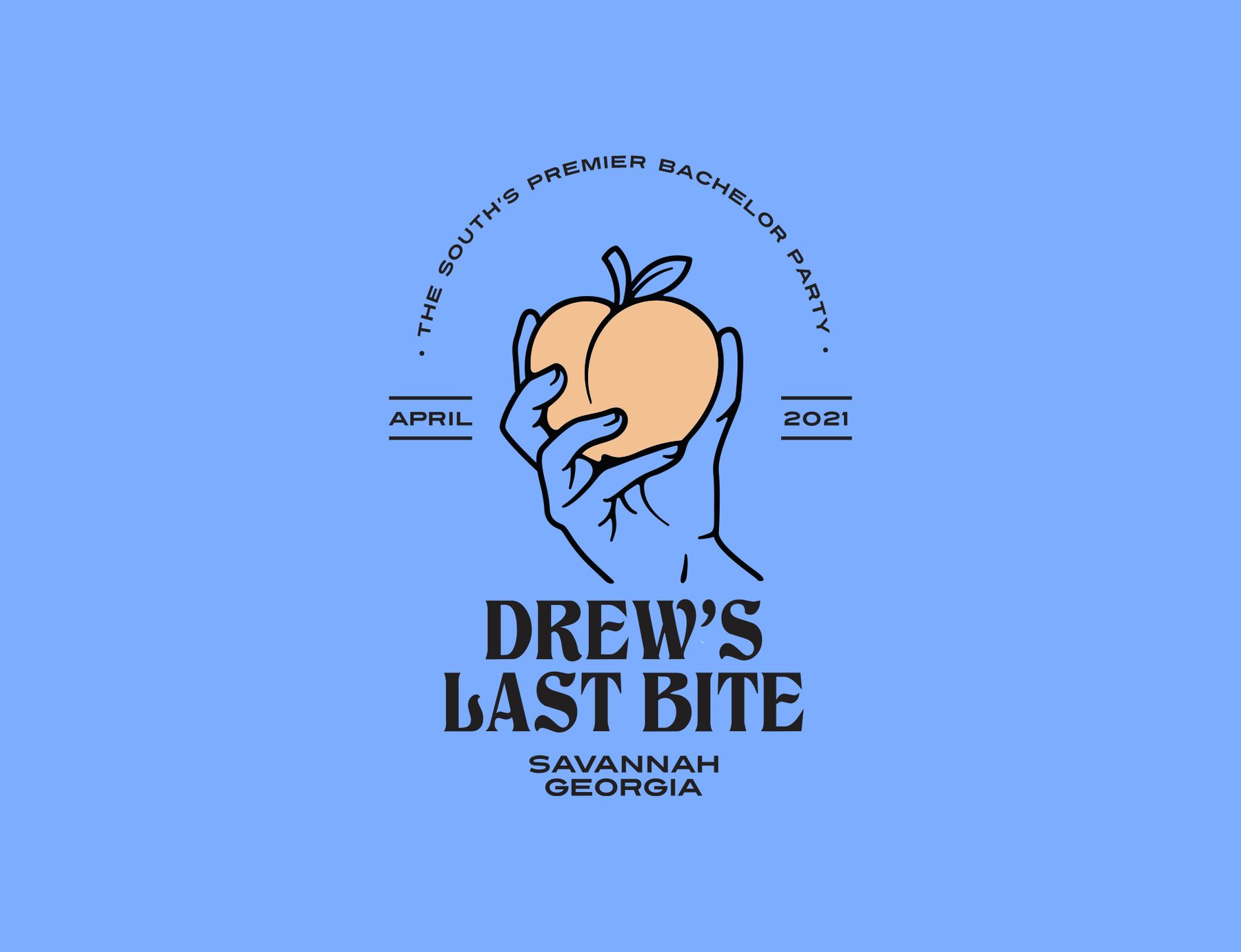 Bachelor party badge design reading 'Drew's Last Bite, Savannah GA'