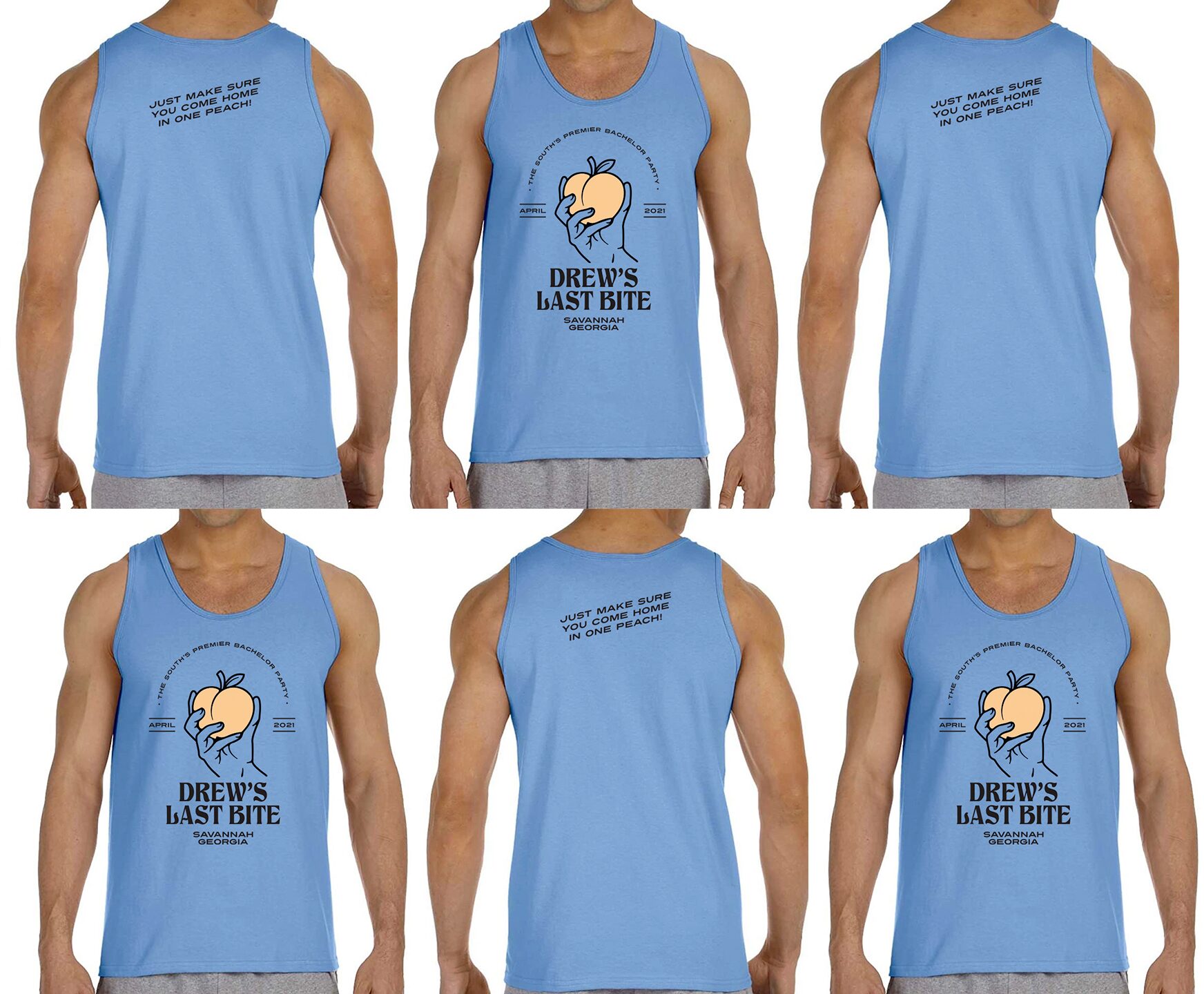 Tank top mockups printed with the 'Drew's Last Bite' bachelor party design