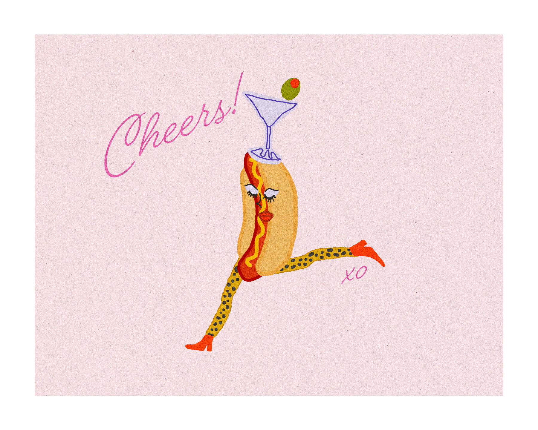 Playful 'Cheers!' illustration of a hot-dog character