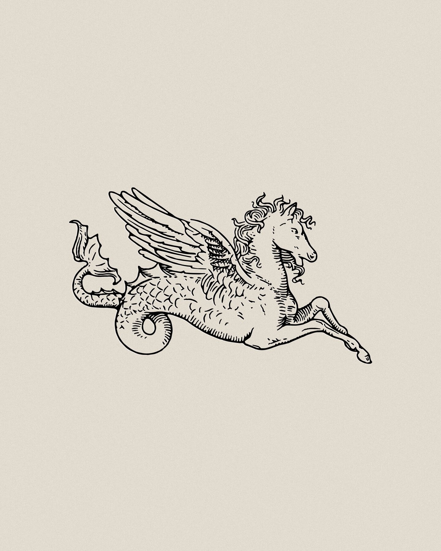 Vintage tattoo-flash style line illustration of a winged sea horse