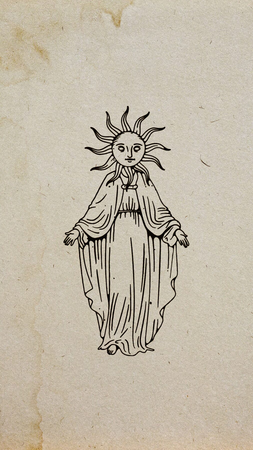 Vintage tattoo-flash style line illustration of a radiant sun-crowned figure