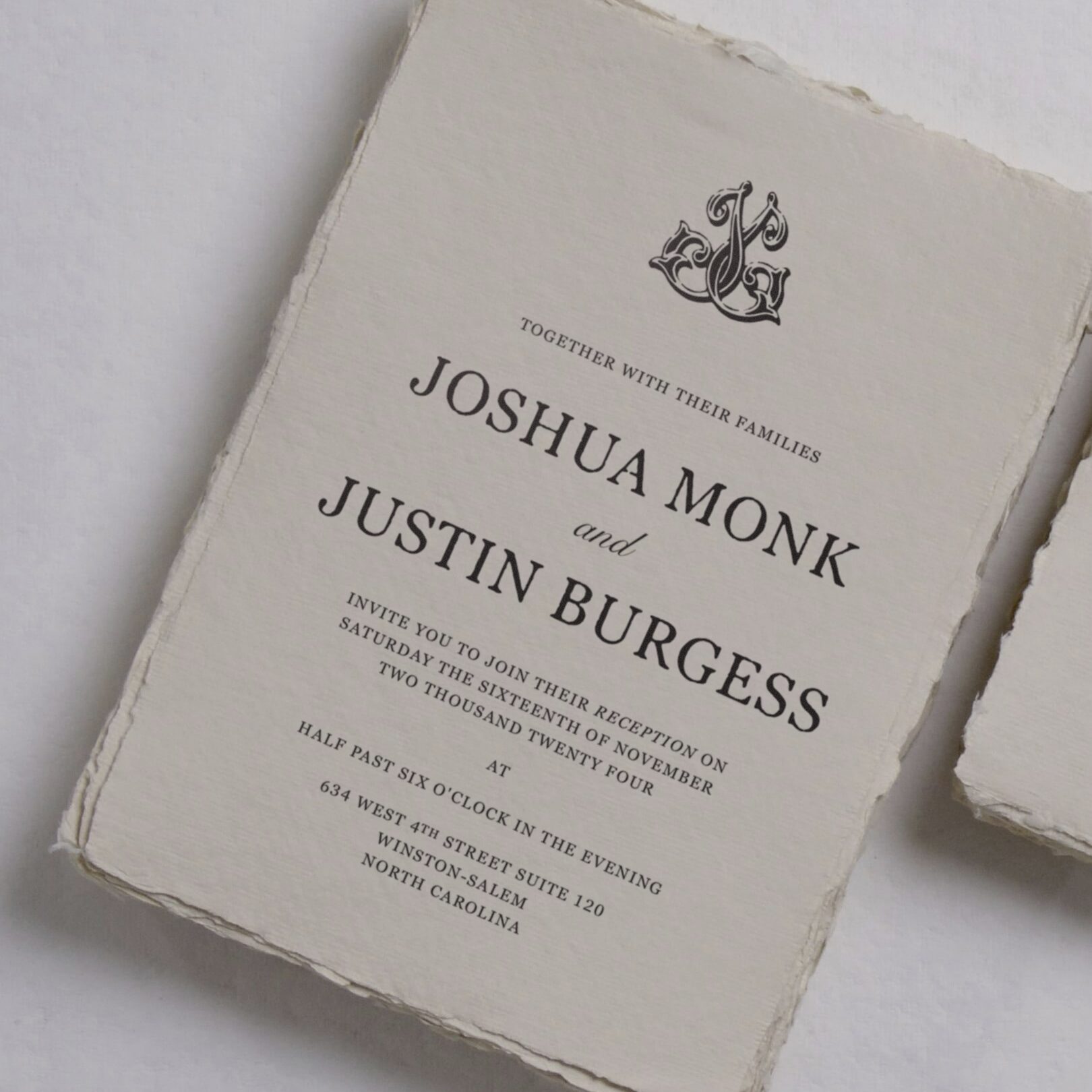 Alternate wedding invitation mockup for Joshua Monk and Justin Burgess
