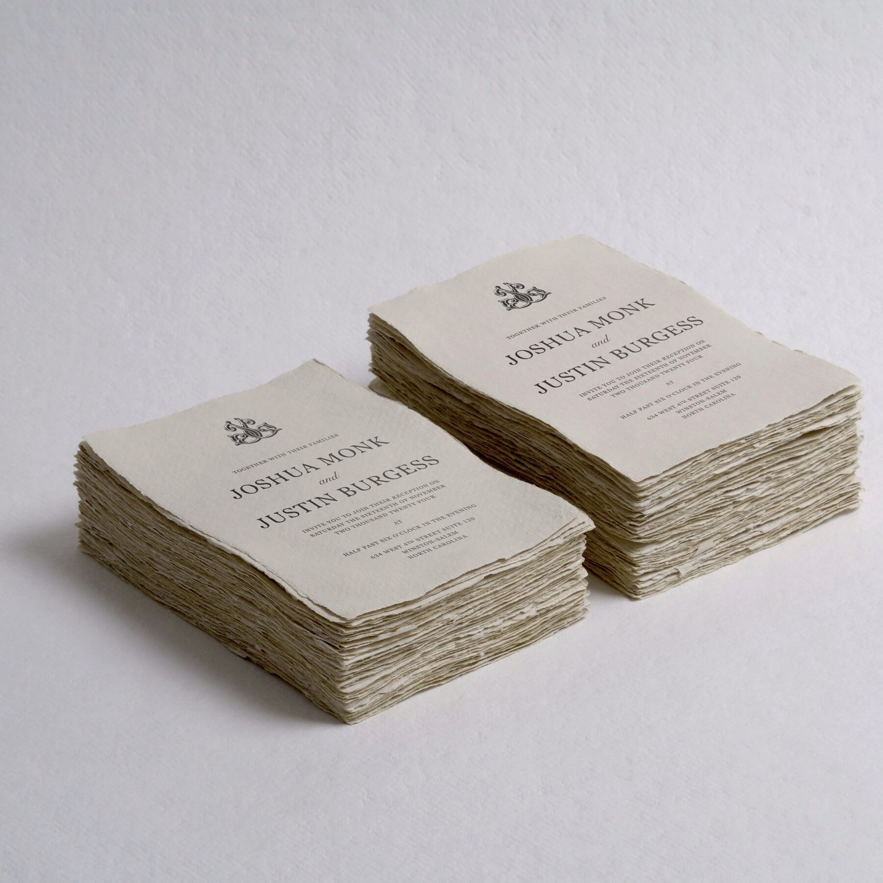 Wedding invitation mockup for Joshua Monk and Justin Burgess's Winston-Salem, NC wedding