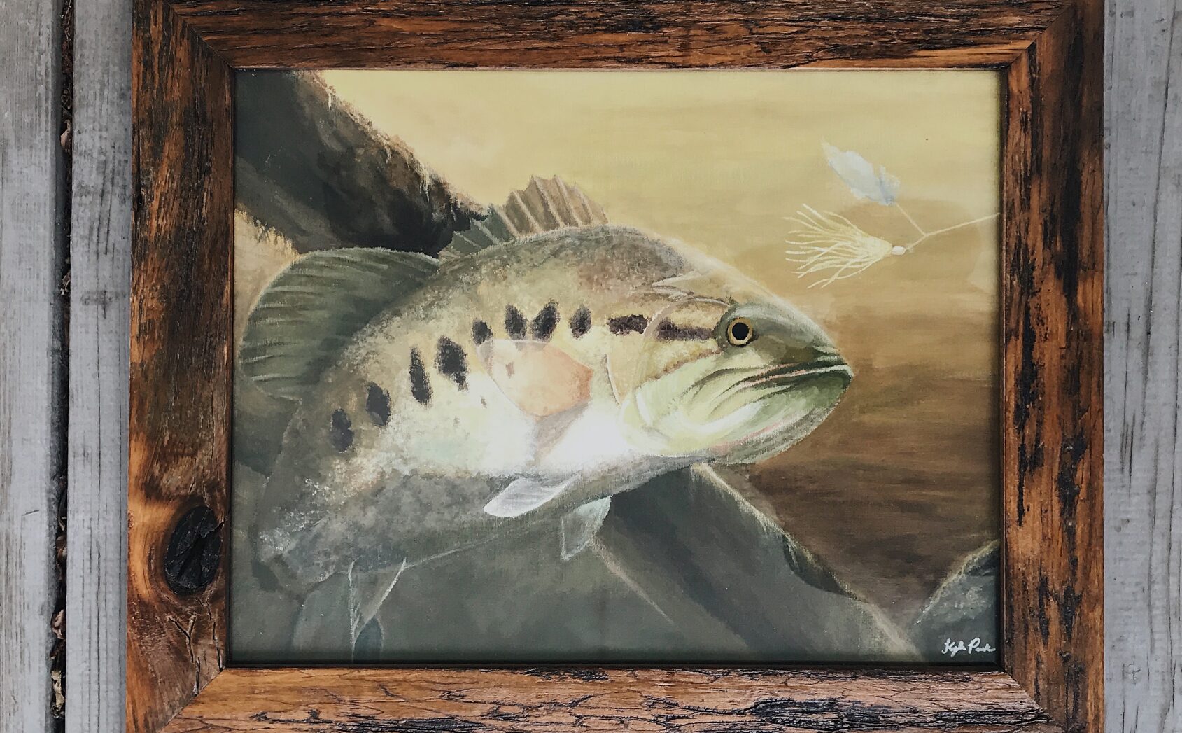 Framed painting of a fish rising to catch a fly, signed 'Kyle P'