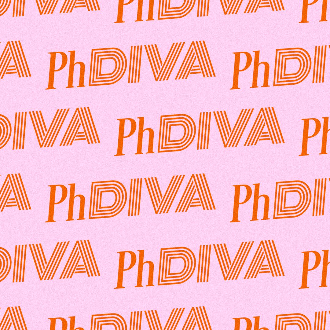 'PhDiva' logo lockup: line-art illustration of a graduate embracing a diploma, framed by a disco ball and stars