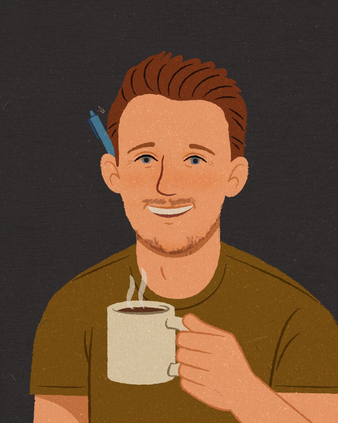 Illustrated portrait of a man holding a steaming coffee mug, with a pen tucked behind his ear