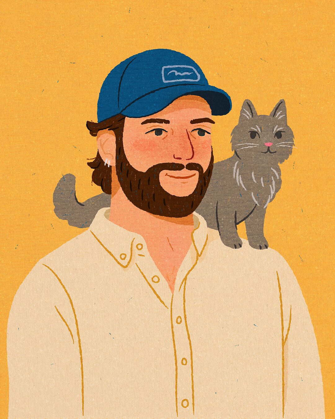 Illustrated self-portrait of a bearded man with a cat on his shoulder