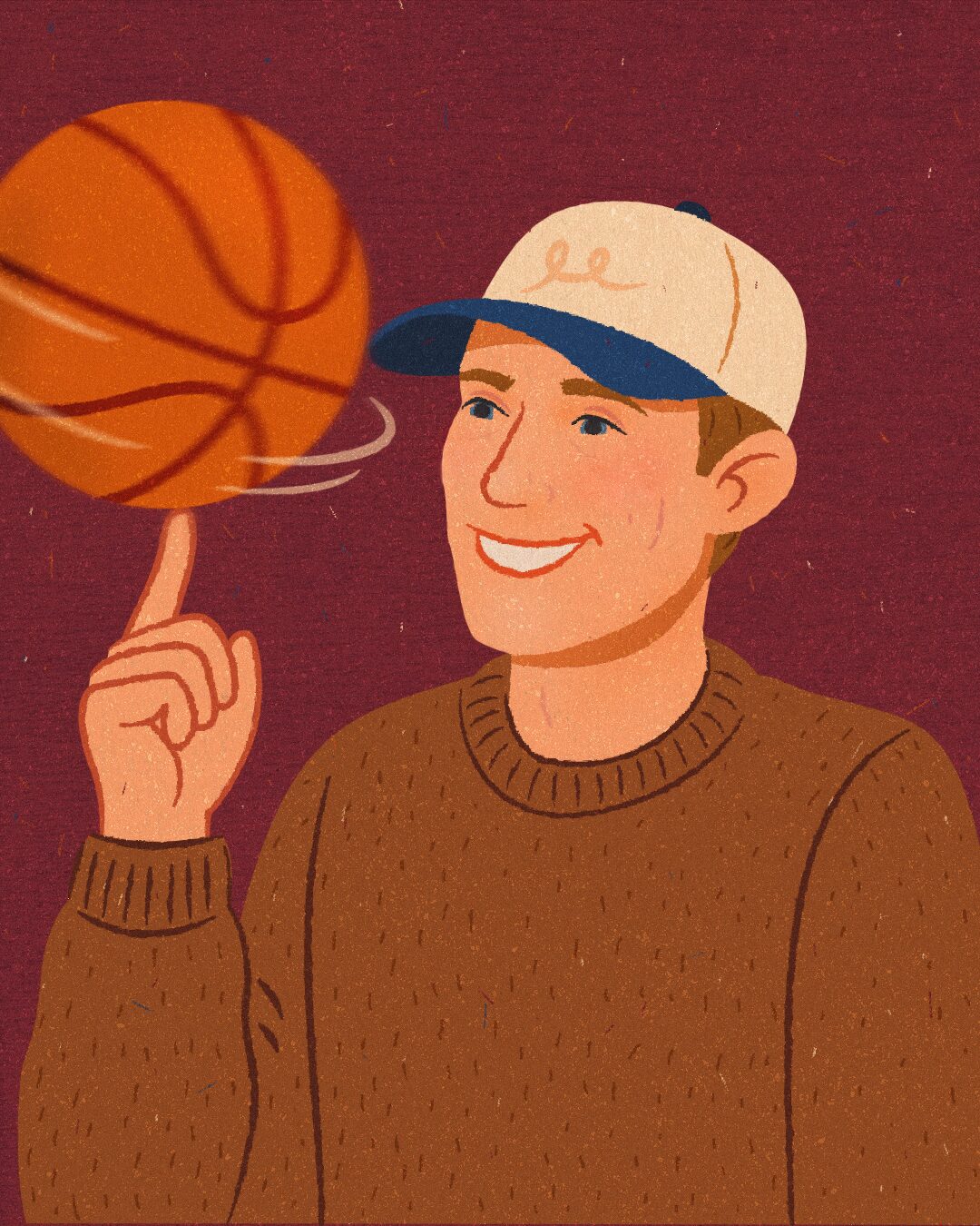 Illustrated portrait of a man spinning a basketball on his fingertip