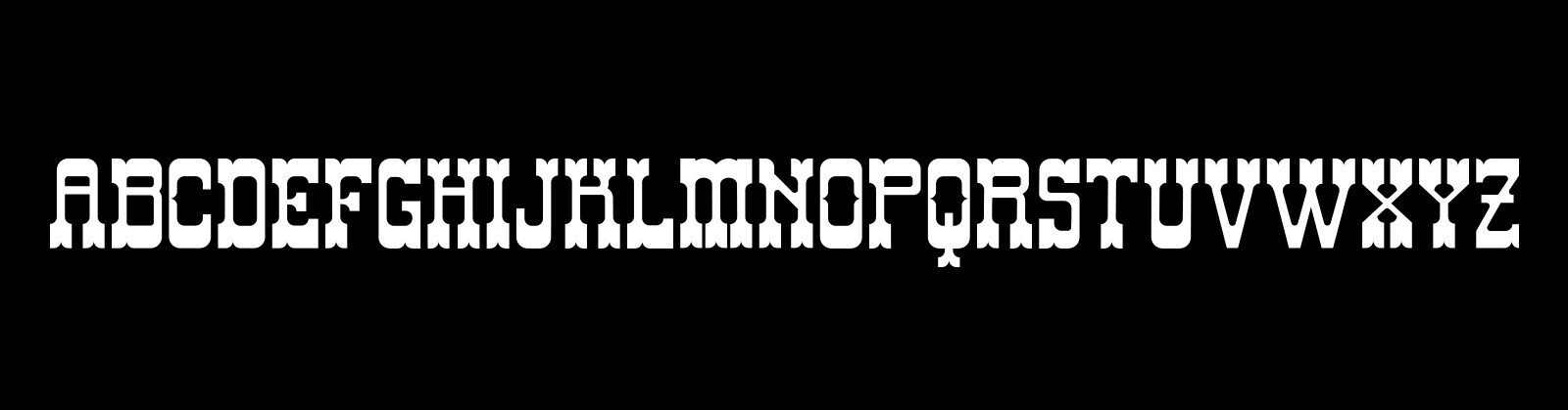 Qowboy typeface uppercase alphabet specimen in a western slab-serif style, shown in an inverted colorway