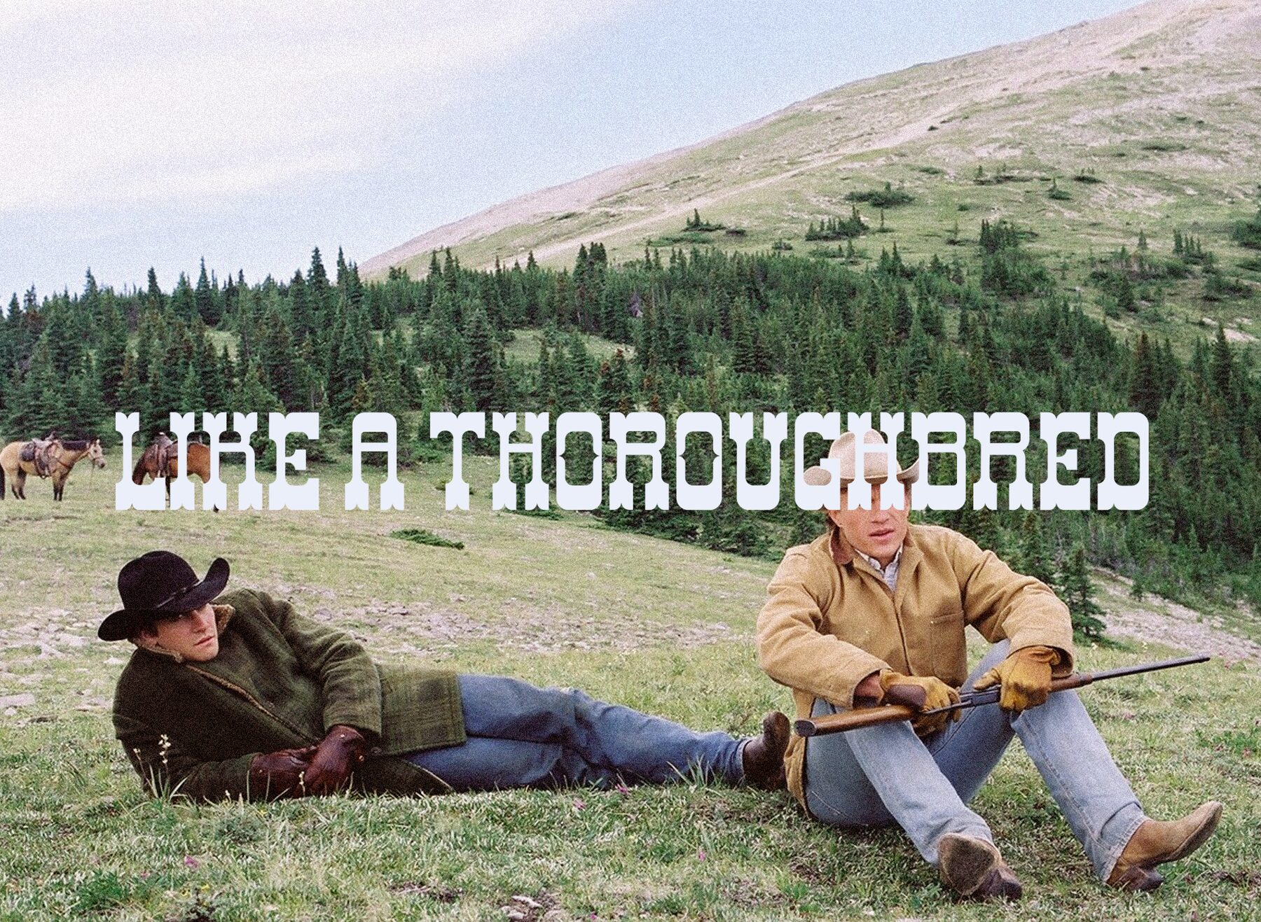 Qowboy typeface demo overlaid on a film still of two cowboys resting in a mountain pasture