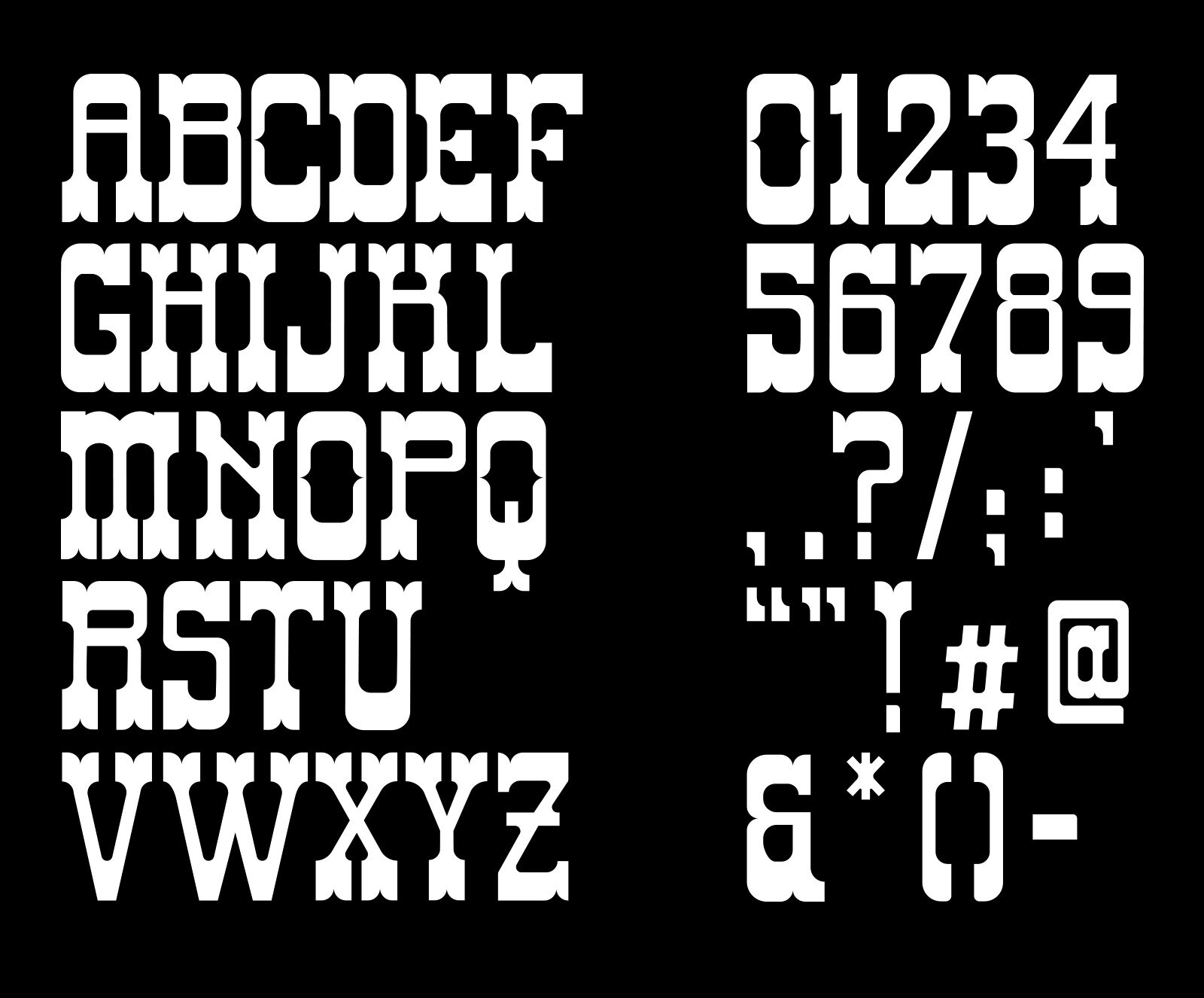 Full character specimen sheet for Qowboy, a custom western display typeface, shown in an inverted colorway