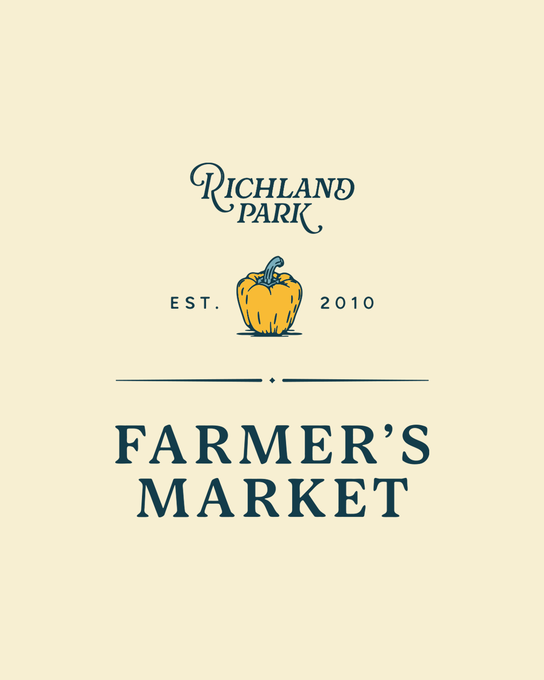 'Richland Park Farmer's Market' logo lockup with a pepper illustration, established 2010