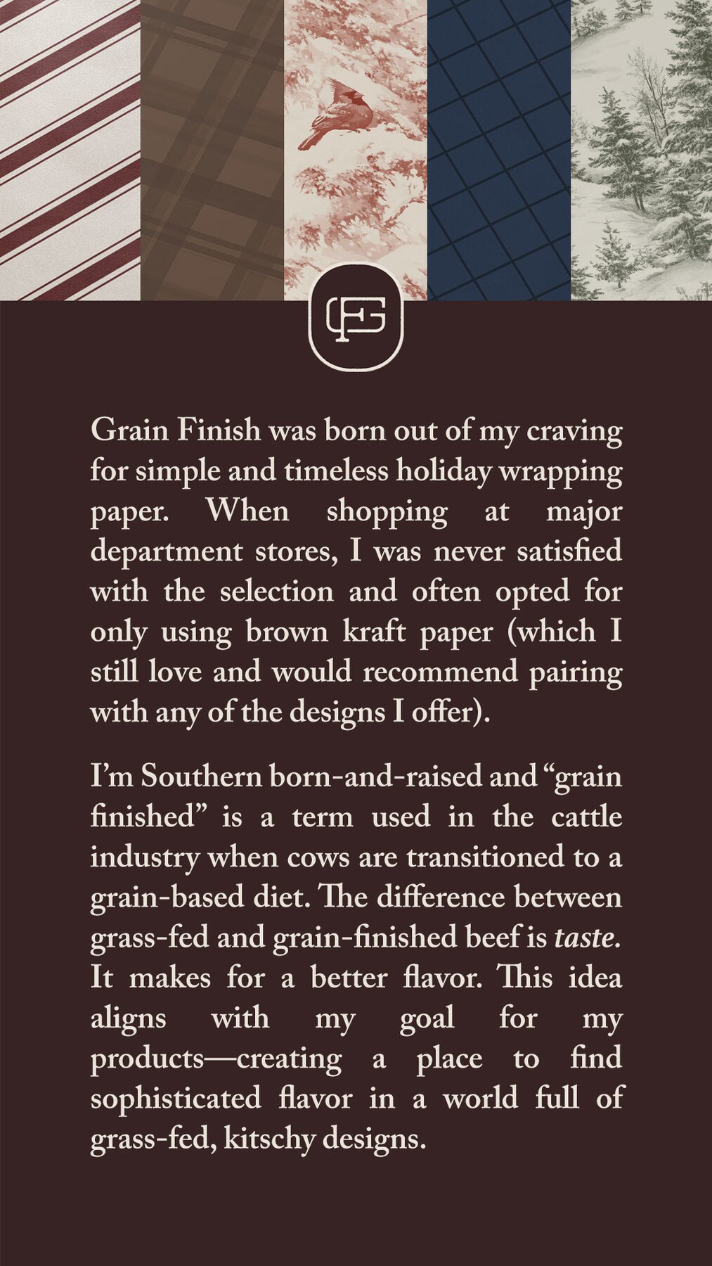 Grain Finish wrapping paper collection swatches with brand story copy