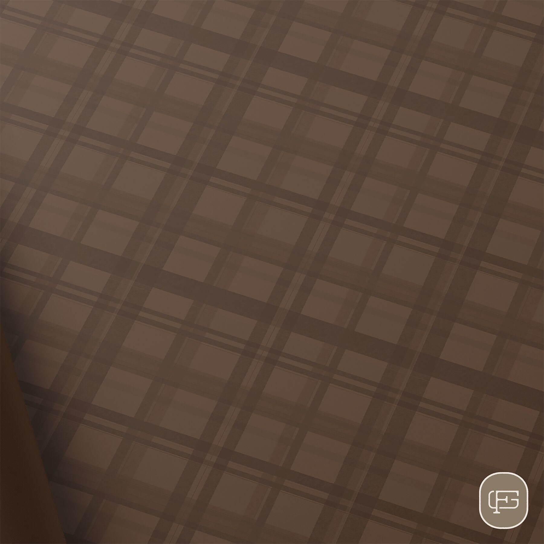 Brown plaid wrapping paper design with a GF logo badge