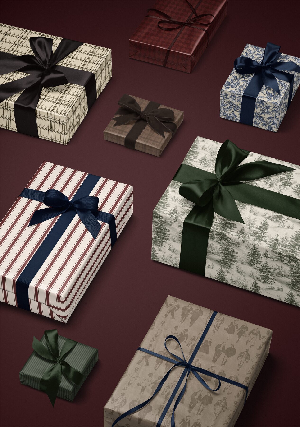 Group mockup of wrapped gift boxes in the Grain Finish wrapping paper collection