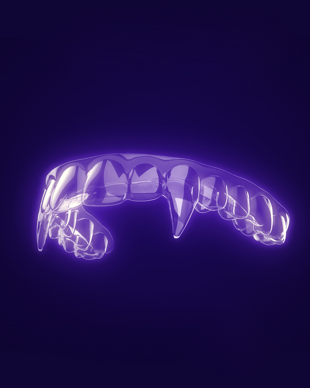 Stylized glowing purple render of a SmileDirectClub clear aligner against a dark background