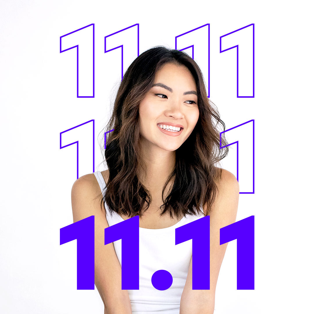 SmileDirectClub 11.11 sale campaign graphic featuring a model in a white top